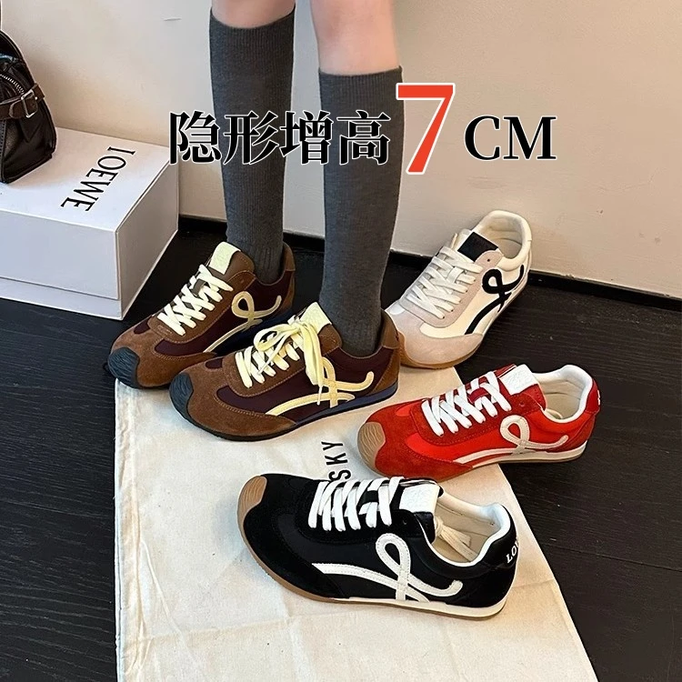 软牛皮新款复古系带阿甘鞋女2025百搭休闲运动鞋撞色内增高德训鞋