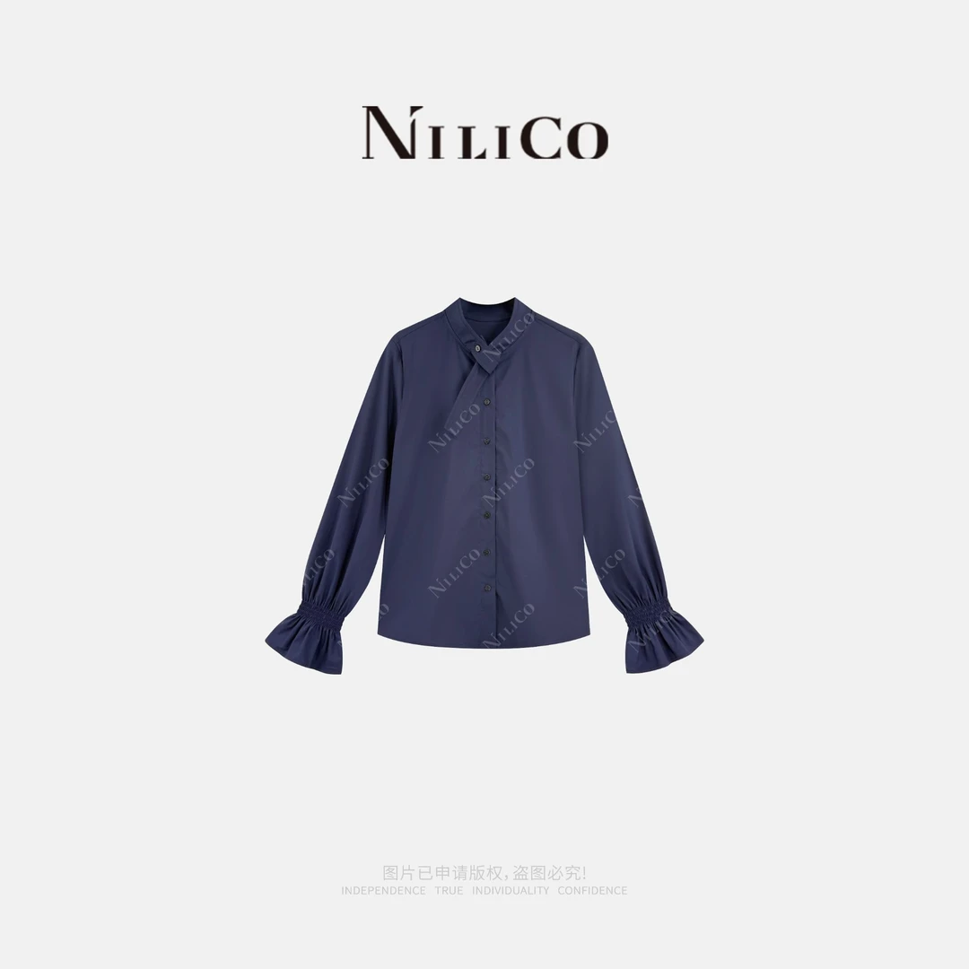 NILICO【别致蓝韵】宫廷风立领打揽袖轻奢百搭长袖衬衫