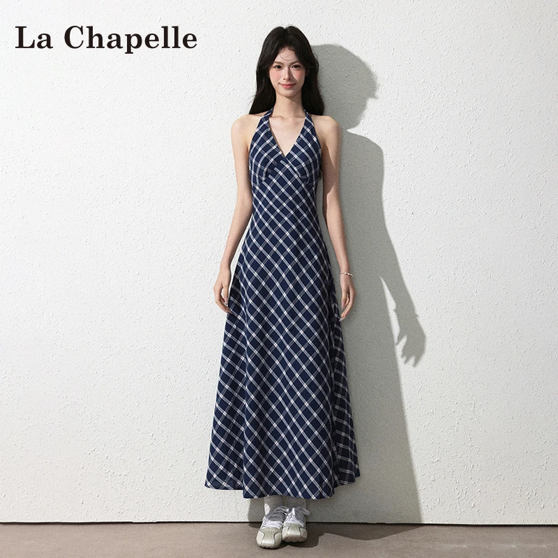 拉夏贝尔收腰蓝格纹连衣裙女装夏装2025新款爆款修身显瘦挂脖长裙