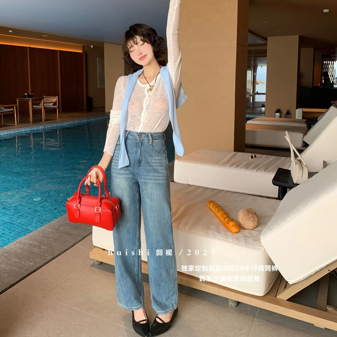 2025欧货牛仔裤春款高腰侧压线梨形身材显瘦窄版直筒阔腿长裤