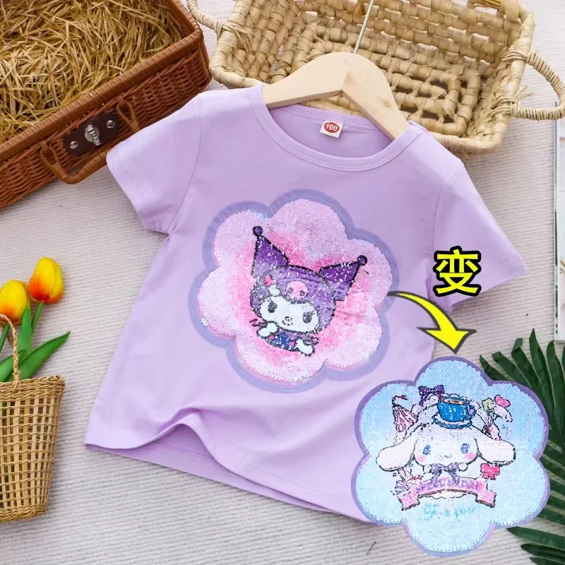 夏季儿童T恤女童变色亮片纯棉短袖