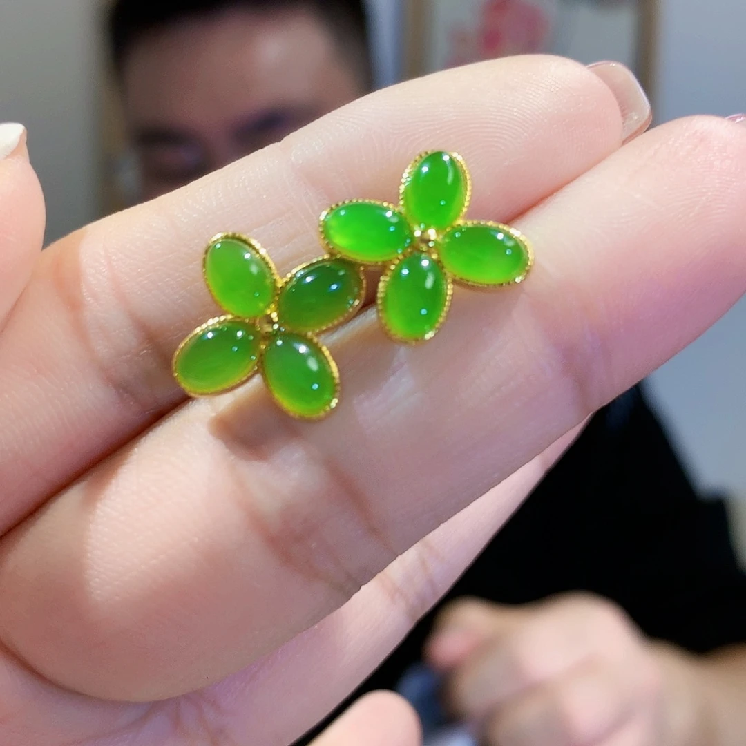 和田玉（碧玉）耳饰银S925镀金镶嵌