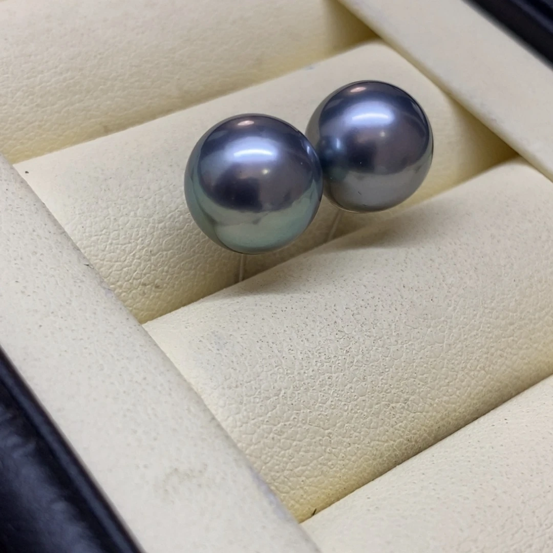 银S925镶嵌耳饰海水珍珠铂金灰耳钉10-11m m