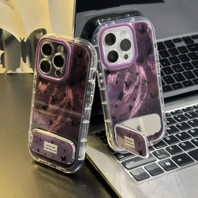 ins渐变晕染紫蝴蝶镜子支架适用苹果15/16手机壳华为vivo小米oppo
