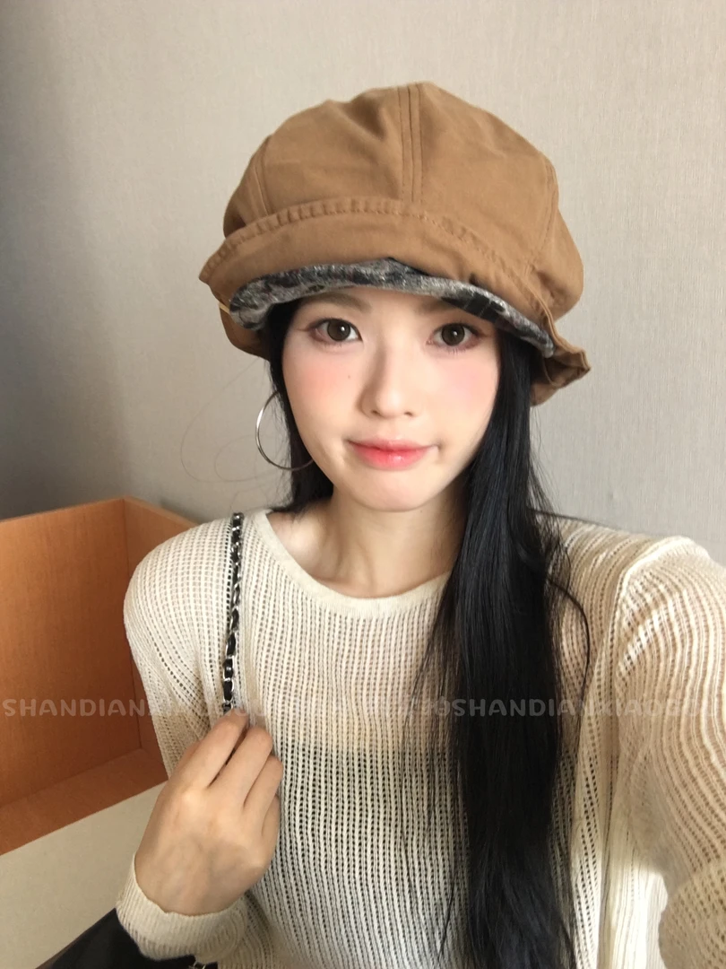 闪电小狗日系复古水母帽*百搭贝雷帽帽子双层帽檐堆堆帽