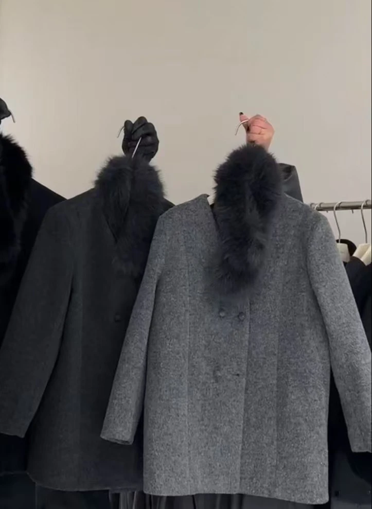 （蕾蕾家000)设计感毛领围脖收腰毛呢外套