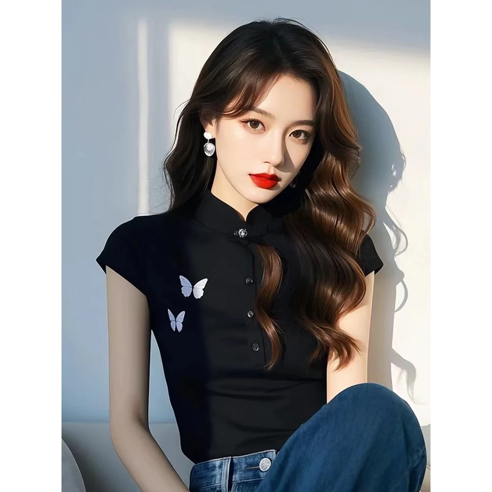 新中式国风女装黑色蝴蝶印花盘扣短袖t恤2025新款又a又飒御姐上衣