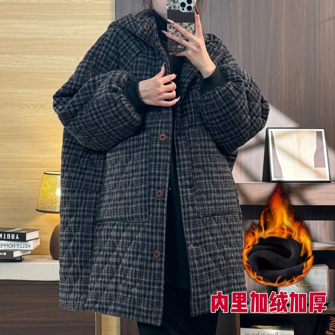 【漫漫家】冬季新款复古文艺格子连帽中长款菱格加绒加厚保暖棉服