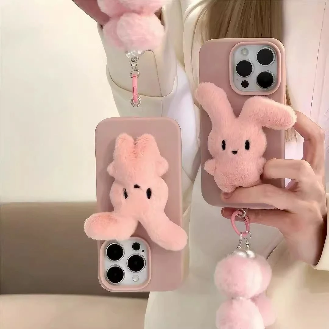 粉毛绒折耳兔子适用iPhone15苹果13手机壳16promax女款14挂链卡通