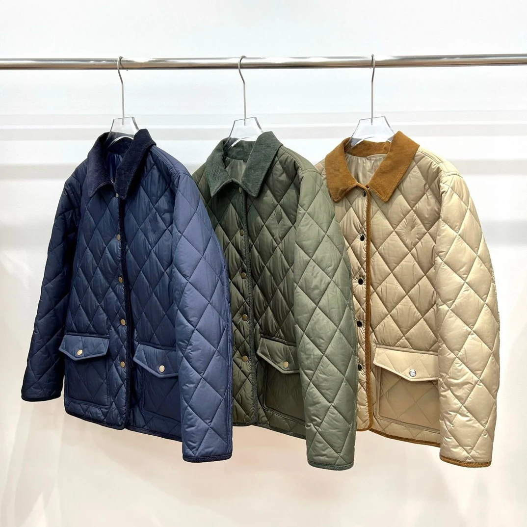 老钱风小马刺绣菱格灯芯绒翻领轻薄棉服外套女秋冬