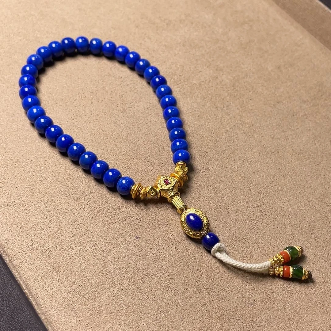 青金石银S925镀金镶嵌精工7mm老型手持