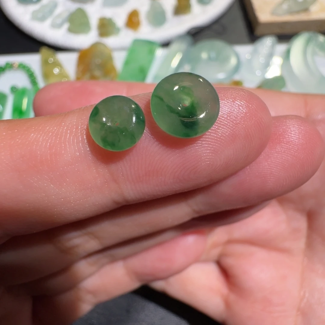 定制翡翠未镶嵌冰飘绿花一对小平安扣