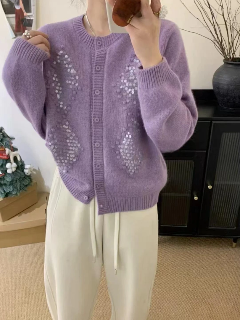 ANYUMO/安妤茉7220秋冬菱形珠片针织毛衣开衫保暖时尚百搭女