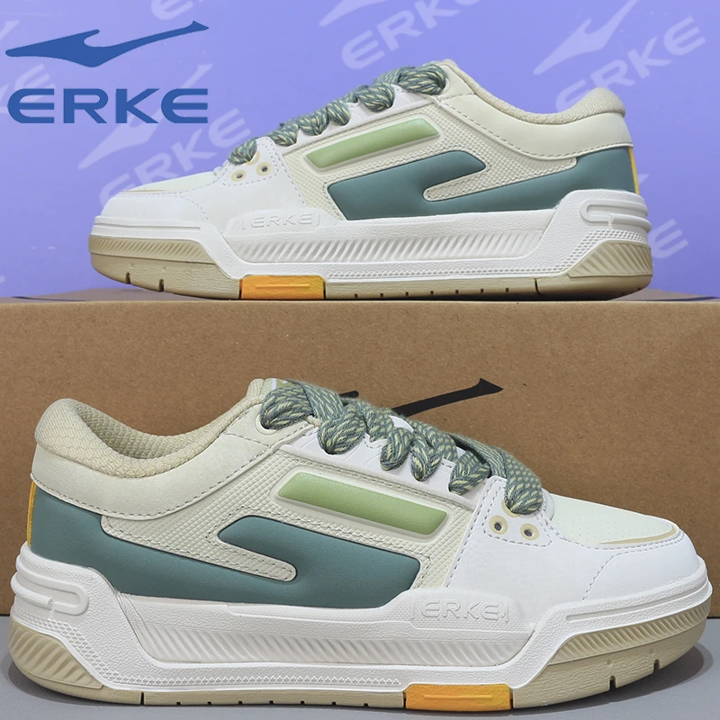 鸿星尔克女子滑板鞋2025春季新款皮面百搭拼色休闲厚底轻便运动鞋