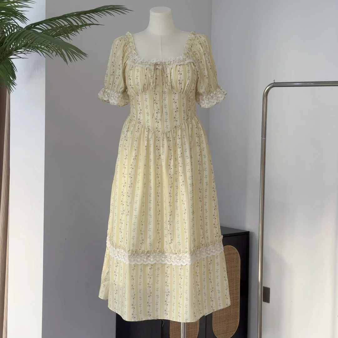 麦浪花语｜大码胖mm印花方领连衣裙女夏季法式复古气质收腰裙子