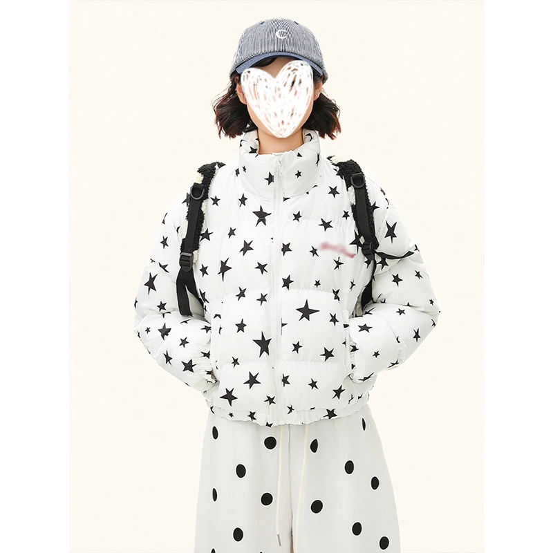 美式复古星星印花立领棉服外套女冬季新款宽松百搭短款面包服棉袄