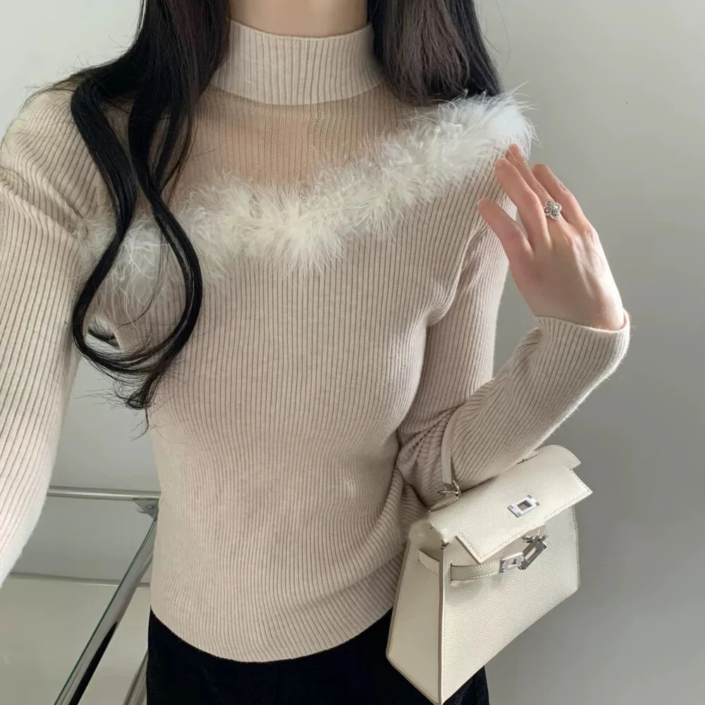 纯欲风设计感小众斜边毛毛领长袖针织衫女冬季洋气修身显瘦上衣