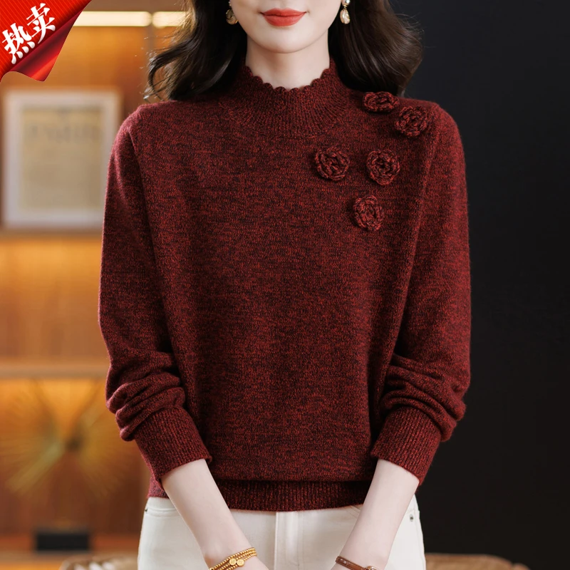 【原版正品】羊毛衫女秋冬半高领针织打底衫女士洋气扎花朵毛衣潮