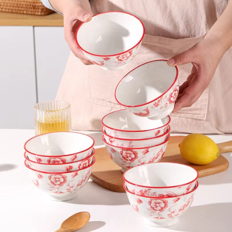 10个装年年有余5英寸高脚米饭碗陶瓷釉下彩