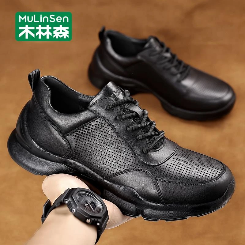 木林森男鞋2025新款夏季透气镂空运动鞋软底真皮休闲百搭工作潮鞋