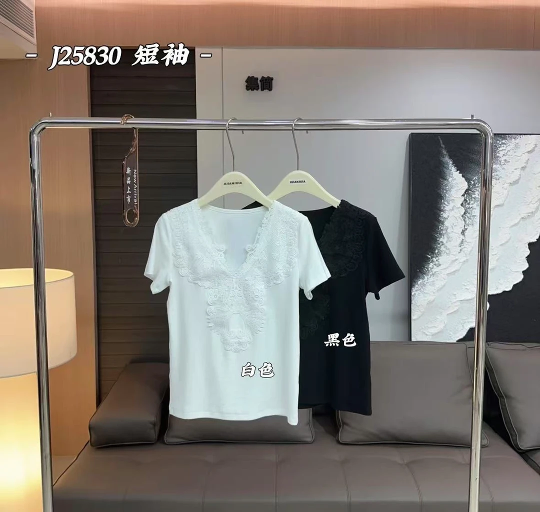 鑫燃KIKI 【花边蕾丝T】拼接蕾丝花边舒适短袖T恤 J25830 JJ