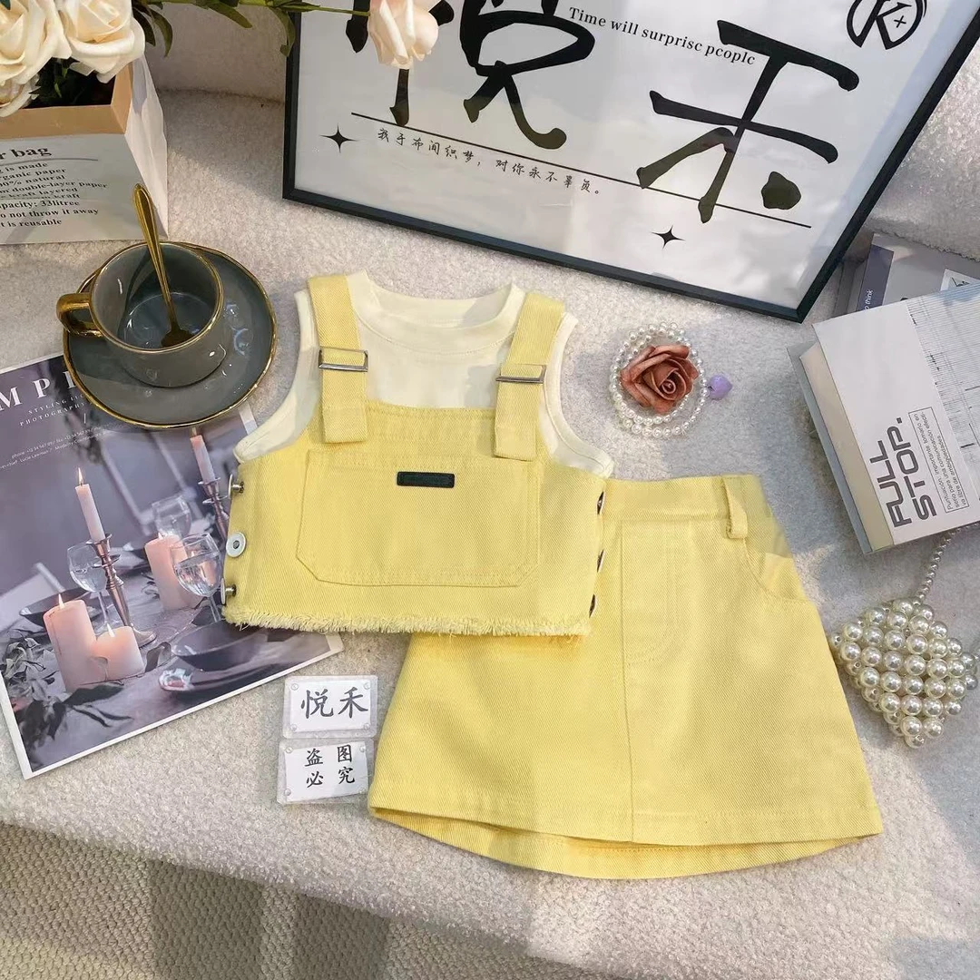 YH女童套装2025夏季新款儿童洋气时髦牛仔背带裙宝宝夏装衣服8448