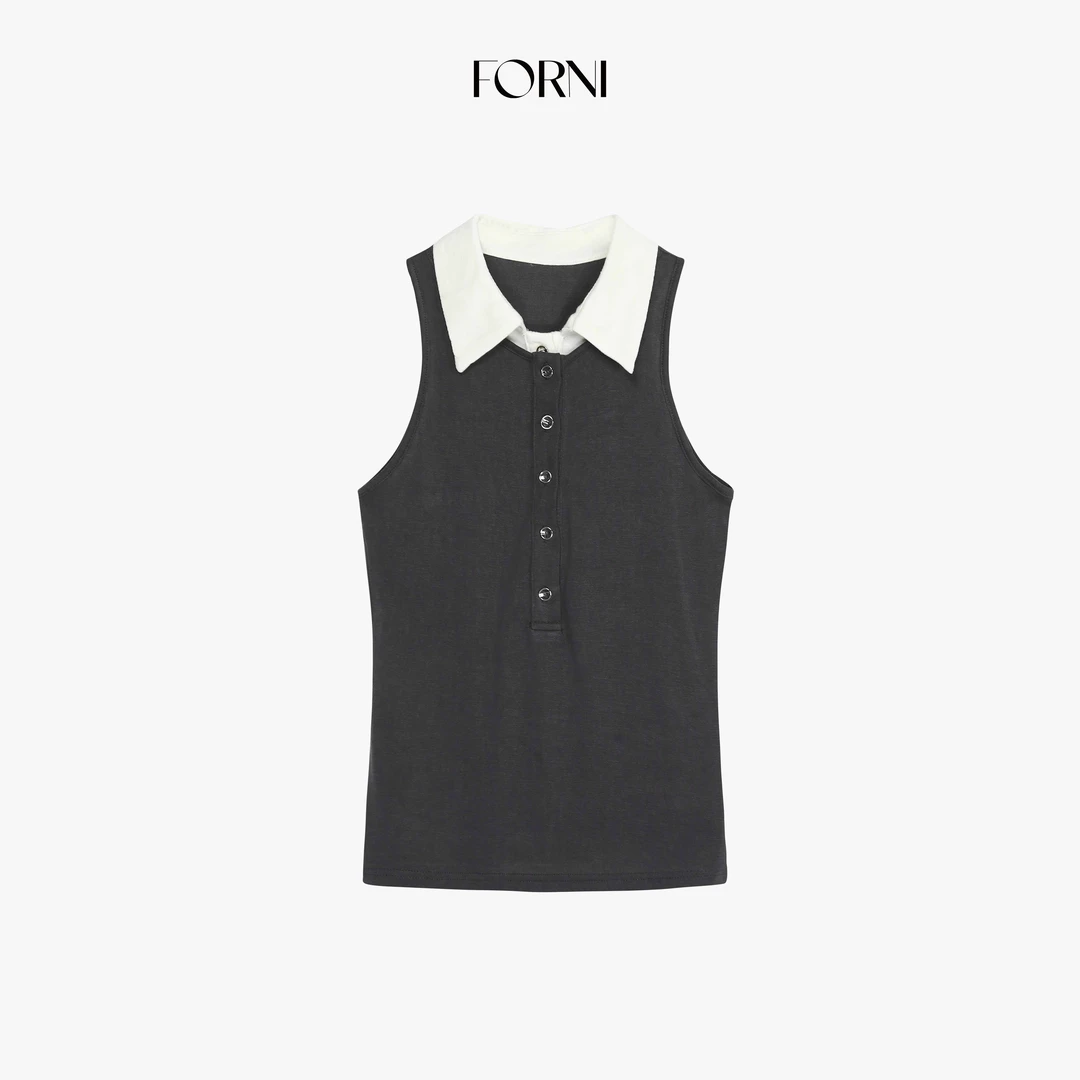 FORNI 亨利背心 美式复古天丝撞色拼接假两件亨利领无袖针织背心