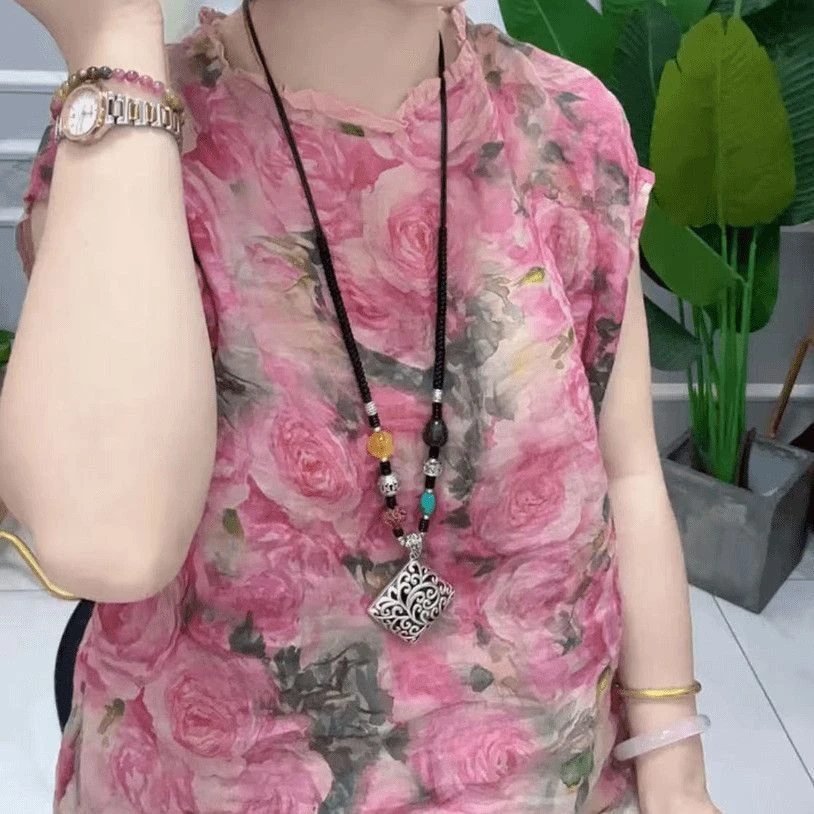 波浪圆领夏季时尚网红爆款套头短袖T恤拼接印花复古高级妈妈上衣