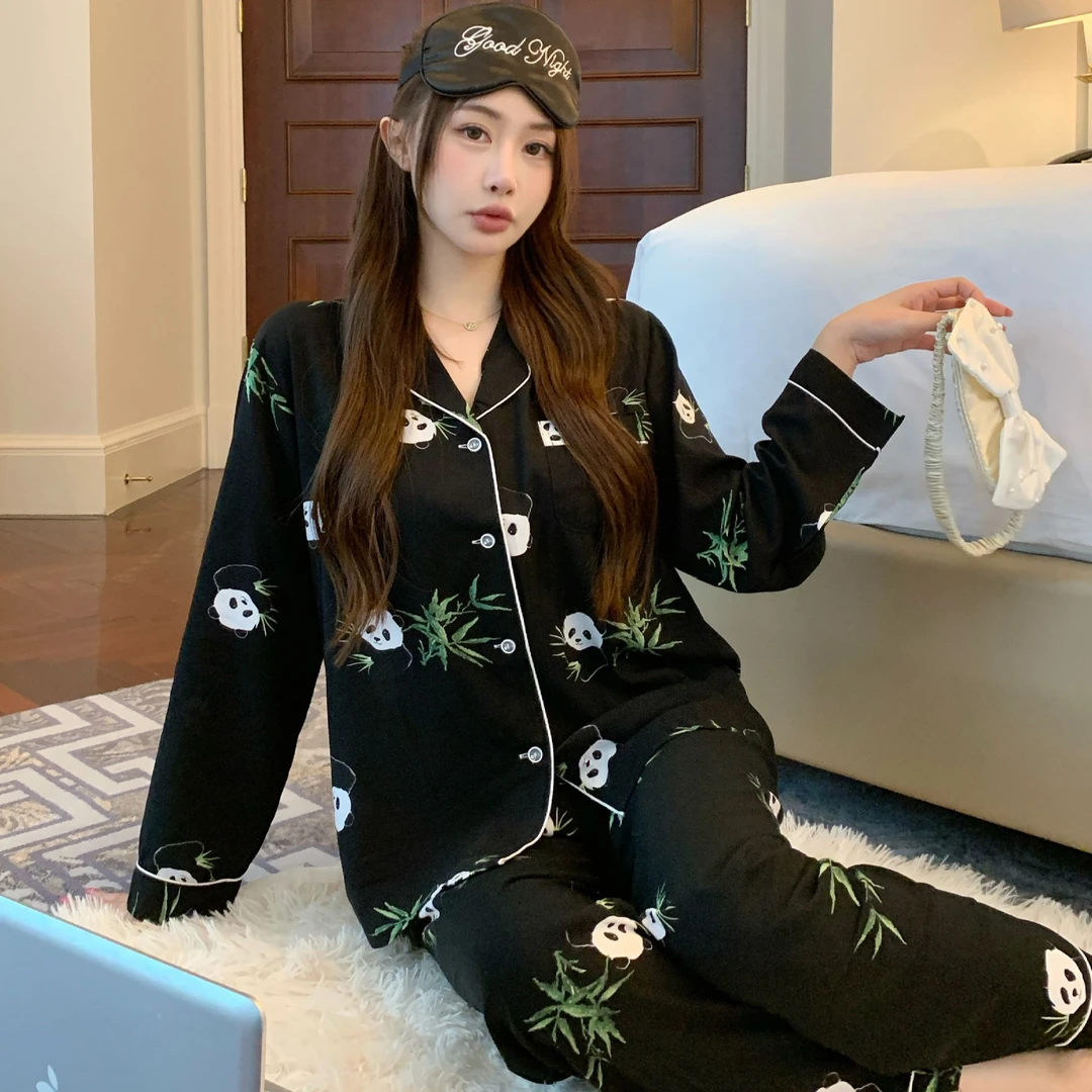 睡衣女春秋款新中式国风可爱熊猫印花高级感韩版长袖家居服套装