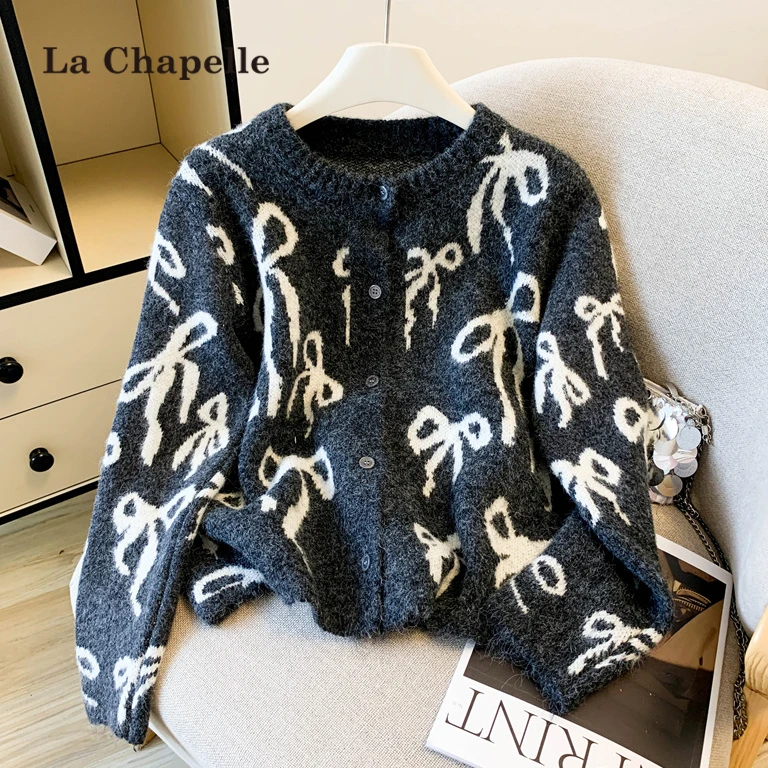 拉夏贝尔千金风蝴蝶结针织开衫女秋冬季加厚毛衣宽松慵懒风打底衫