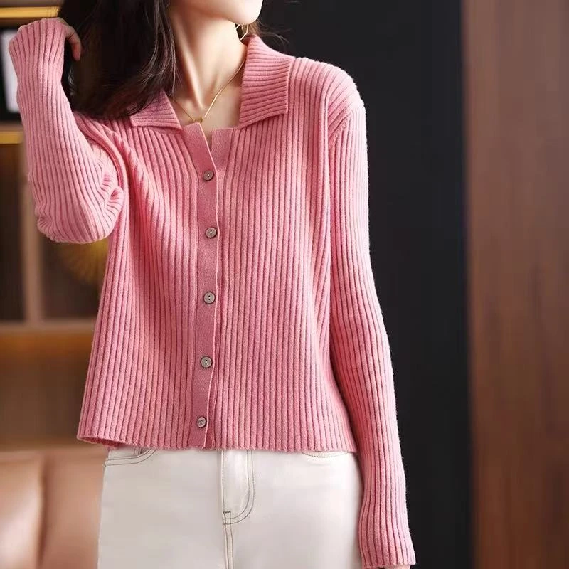 100羊毛开衫POLO领羊毛针织开衫女2025新款抽条宽松短款毛衣外套