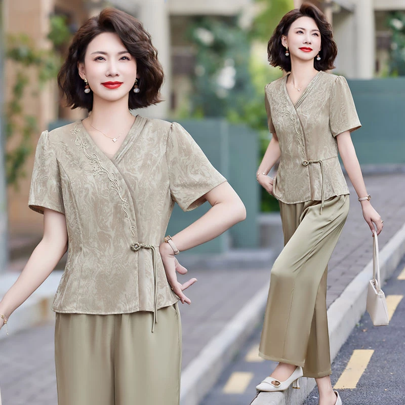时尚妈妈装夏季套装大码新中式国风小衫中老年气质上衣裤子两件套