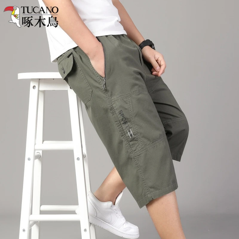 啄木鸟夏季新款印花短裤男纯棉中老年宽松休闲运动七分裤透气薄款