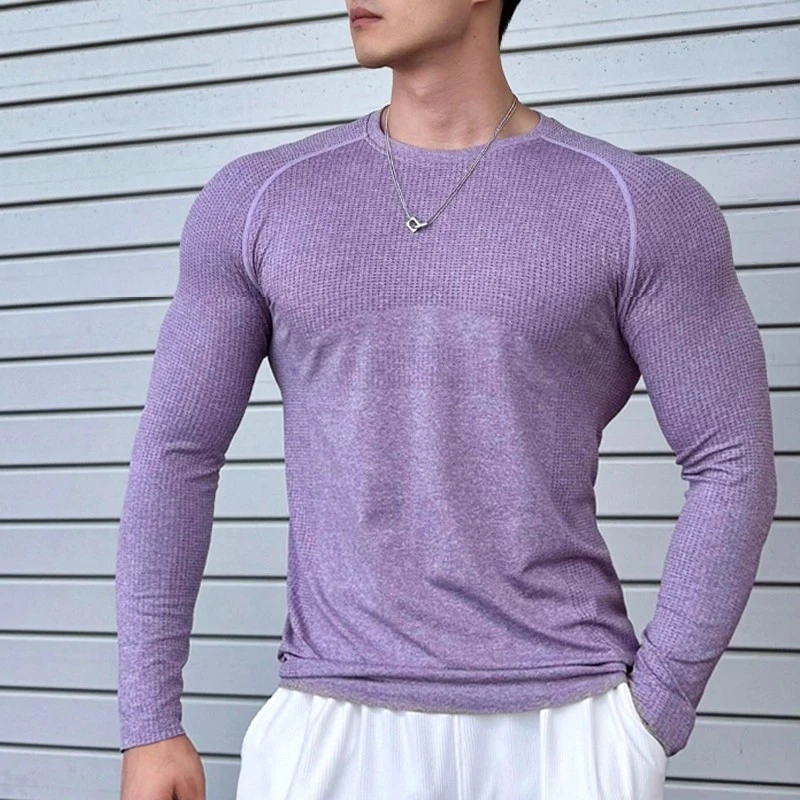 新款无缝提花运动长袖男秋季训练健身服修身弹力速干T恤跑步上衣