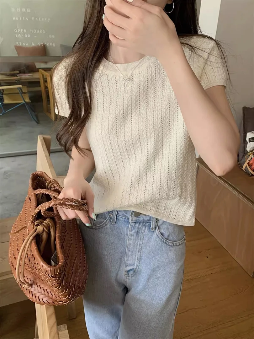 2025-高级感韩版新款夏季网红设计感重工镂空短袖女