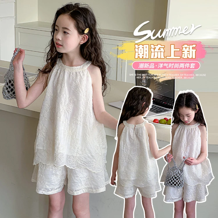 女童无袖背心短裤蕾丝套装2025夏季新款挂脖上衣儿童白色裤子两件