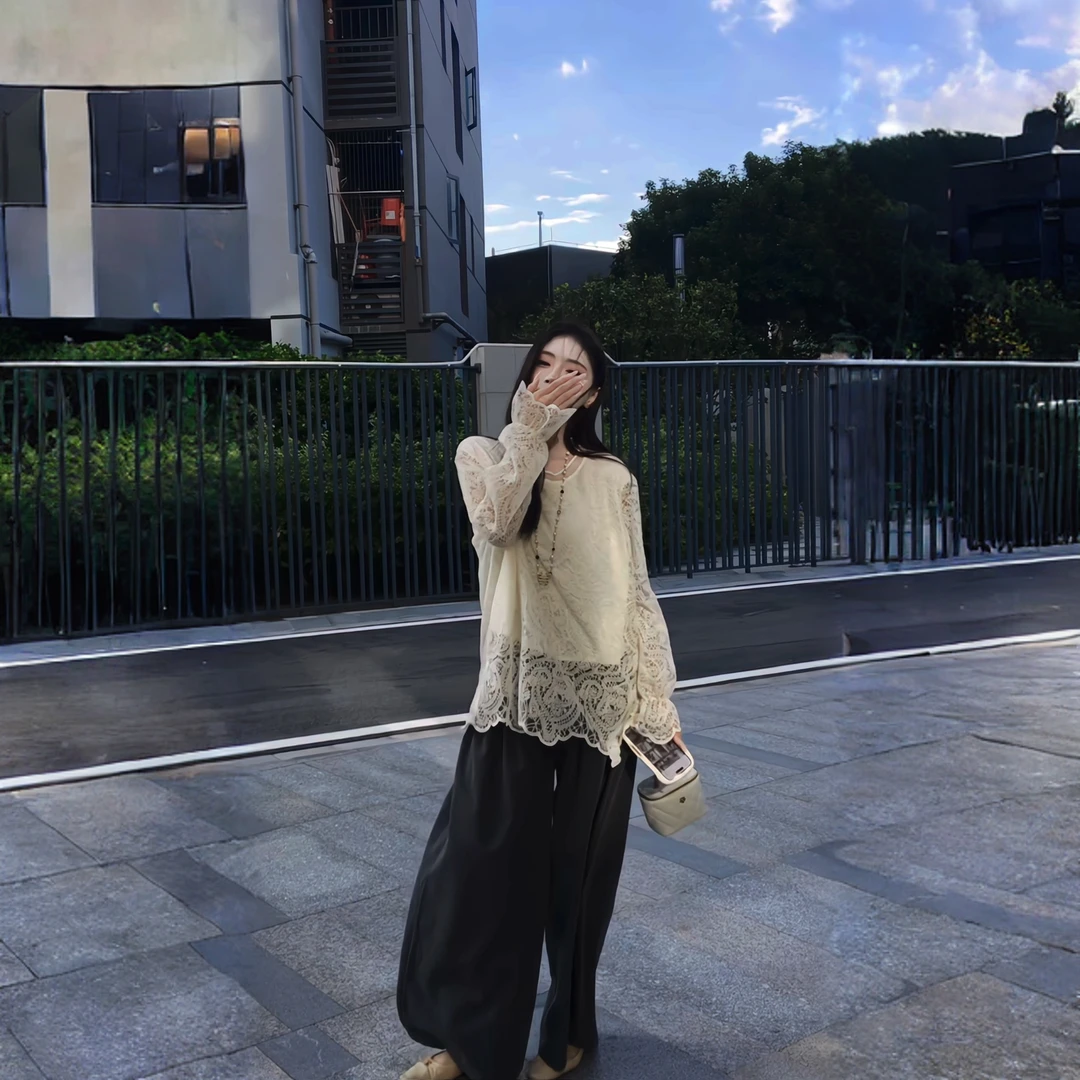 甜美百搭时尚蕾丝衬衫女2025冬季新款宽松显瘦打底气质上衣2616#