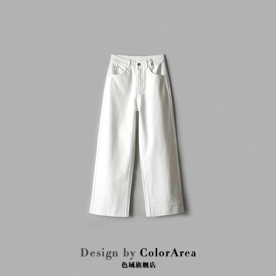 ColorArea/色域春季新款弹力高腰显瘦百搭长裤细闪牛仔阔腿裤白牛