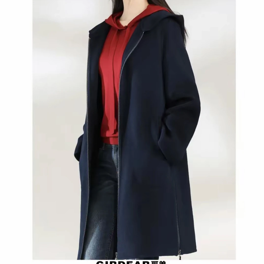 GIRDEAR/哥弟秋冬新款中长款拉链连帽双面呢大衣外套女士1400464