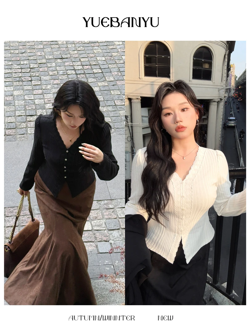 月半鱼【告白甜心】木耳边针织上衣女小众秋季V领长袖打底衫上衣