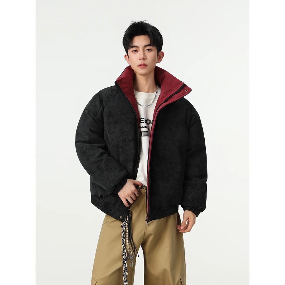 美式复古撞色立领pu皮棉服男冬季保暖夹棉棉衣外套短款加厚面包服