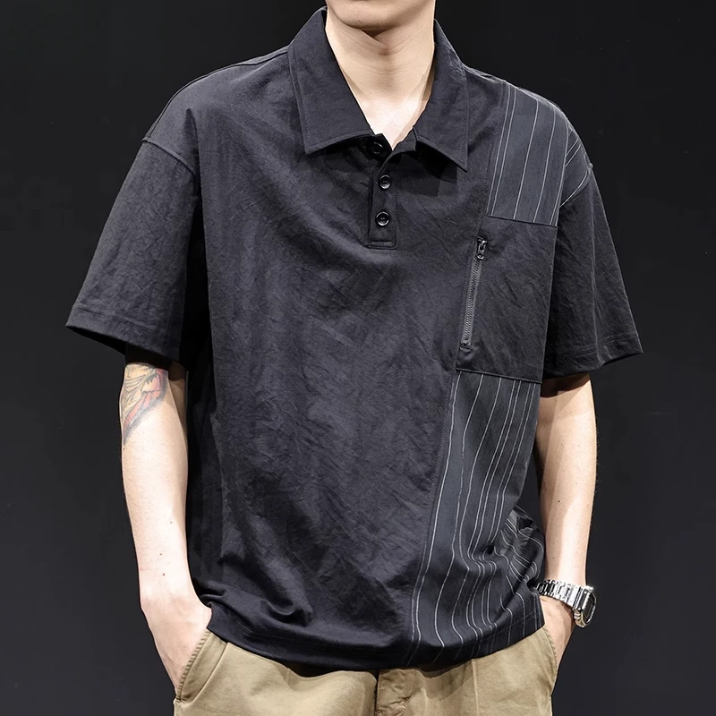 亚麻弹力短袖Polo衫男士夏季2025新款潮牌大码拼色体恤薄款t恤男