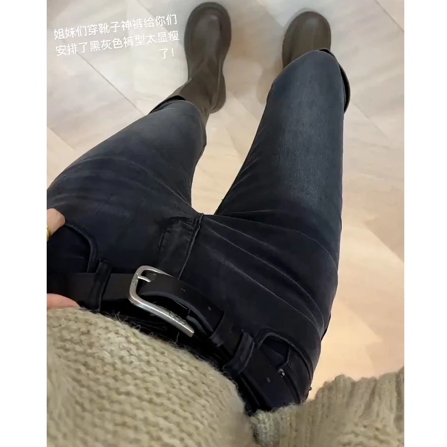 大码秋季新款黑灰高腰弹力小脚牛仔裤女胖妹妹遮胯九分显瘦铅笔裤
