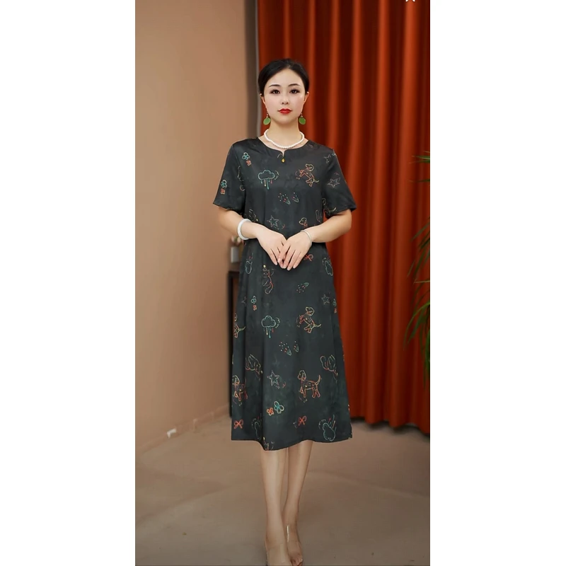 萌宠YJ3066妈妈装气质中长款连衣裙