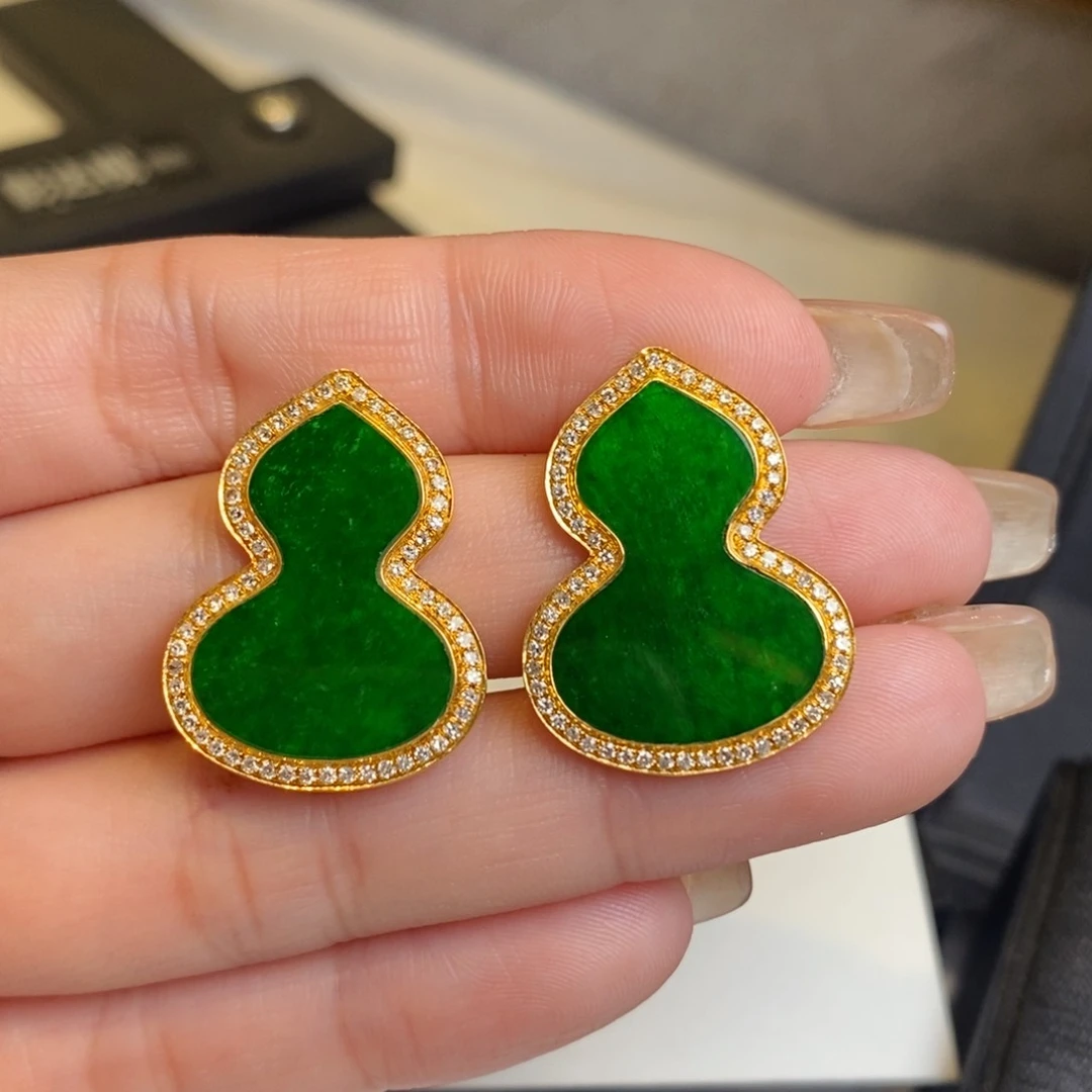 翡翠耳饰18K金镶嵌葫芦