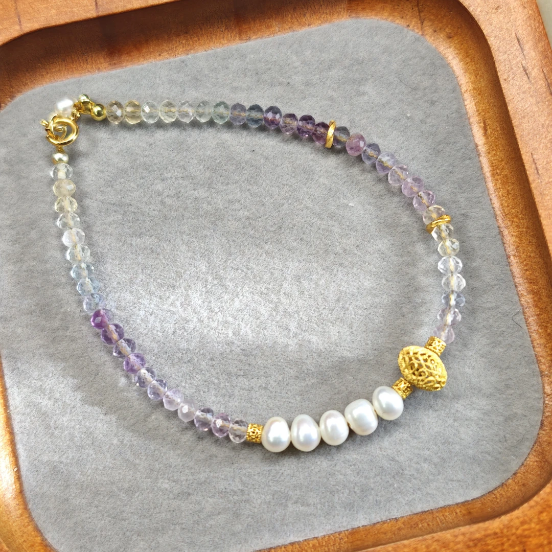 【点弦】物华原创天然彩虹萤石切角精工淡水珍珠点缀轻盈手链手工