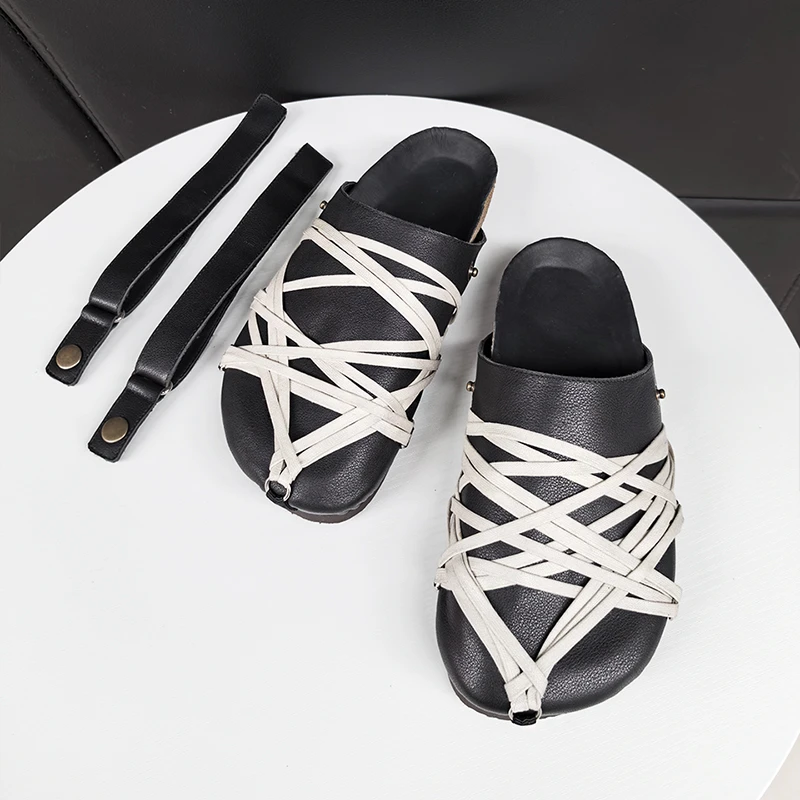 时尚春夏真皮拖鞋女暗黑复古勃肯鞋缠带两穿圆头皮拖鞋勃肯凉鞋潮