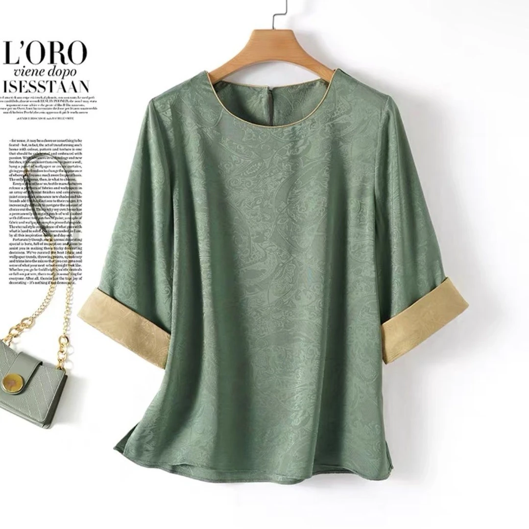 真丝中老年妈妈装上衣女国风2025夏新款中式桑蚕丝贵夫人圆领T恤