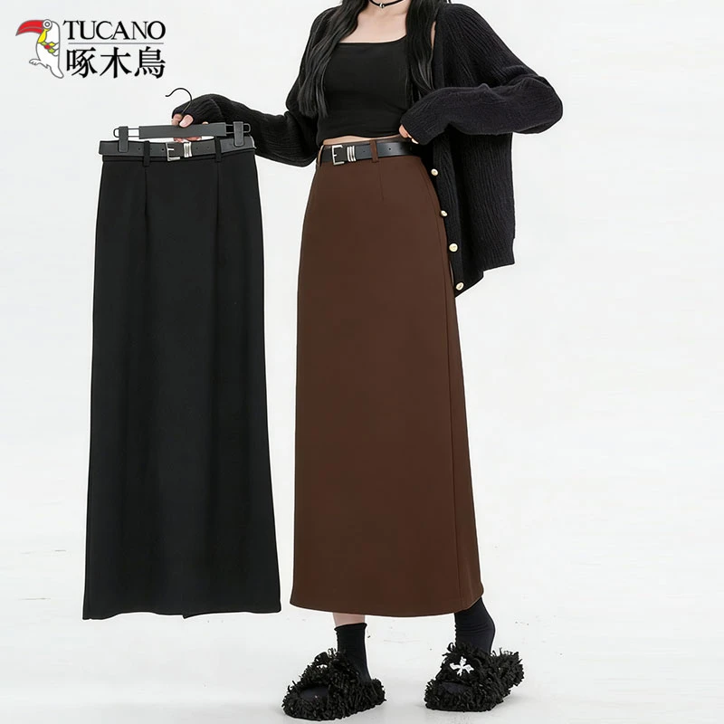 啄木鸟高级感气质毛呢半身裙女秋冬新款时髦高腰显瘦开叉直筒长裙