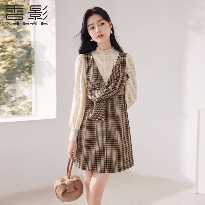 Q3102847连衣裙 香影复古格子无袖连衣裙女2024秋冬新款显瘦背